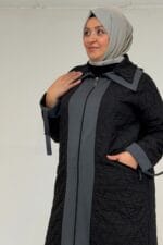 Büyük Beden Fermuar Cepli Modal-Kapitone Kaban - Siyah-Antrasit - 46018 - Görsel 2