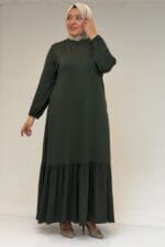 52034 Büyük Beden Eteği Fırfrılı Penye Elbise - Haki - Large Moda - Görsel 2