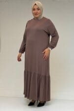 52034 Büyük Beden Eteği Fırfrılı Penye Elbise - Vizon - Large Moda - Görsel 4