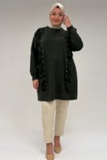 58074 Büyük Beden Fırfır Ve Taş Detaylı Penye Tunik - Haki - Large Moda - Görsel 6