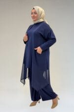67302 Büyük Beden Üçlü Sandy - Şifon Pantolonlu Takım - Lacivert - Large Moda - Görsel 4