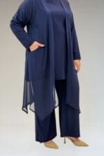 67302 Büyük Beden Üçlü Sandy - Şifon Pantolonlu Takım - Lacivert - Large Moda - Görsel 2