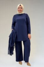 67302 Büyük Beden Üçlü Sandy - Şifon Pantolonlu Takım - Lacivert - Large Moda - Görsel 5