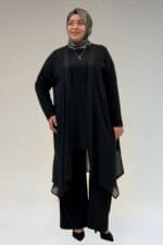 67302 Büyük Beden Üçlü Sandy - Şifon Pantolonlu Takım - Siyah - Large Moda - Görsel 2