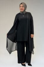 67302 Büyük Beden Üçlü Sandy - Şifon Pantolonlu Takım - Siyah - Large Moda - Görsel 4