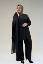 67302 Büyük Beden Üçlü Sandy - Şifon Pantolonlu Takım - Siyah - Large Moda - Görsel 5