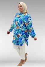 Büyük Beden Yanları Yırtmaçlı Kolları Lastikli Mango Tunik - Desenli Saks - 68010 - Görsel 3