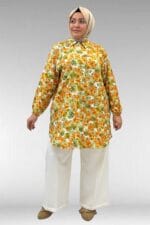Büyük Beden Yanları Yırtmaçlı Kolları Lastikli Mango Tunik - Çiçek Desen Yeşil - 68010 - Görsel 3