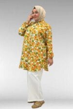 Büyük Beden Yanları Yırtmaçlı Kolları Lastikli Mango Tunik - Çiçek Desen Yeşil - 68010 - Görsel 4