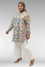 68010 Büyük Beden Yanları Yırtmaçlı Kolları Lastikli Mango Tunik - Desenli Taş - Large Moda - Görsel 4