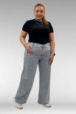 Büyük Beden Önü Taşlı Bol Paça Kot Pantolon - Gri - 59037 - Görsel 3