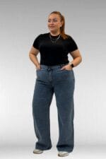 Büyük Beden Önü Taşlı Bol Paça Kot Pantolon - Lacivert - 59037 - Görsel 3