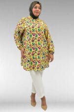 Büyük Beden Yanları Yırtmaçlı Kolları Lastikli Mango Tunik - Desenli Sarı - 68010 - Görsel 5