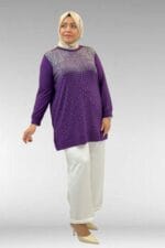 68011 Büyük Beden Önü Taş Detaylı Penye Tunik - Mor - Large Moda - Görsel 4