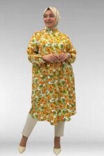 Büyük Beden Hakimyaka Çift Düğmeli Mango Tunik - Çiçek Desen Yeşil - 68014 - Görsel 4