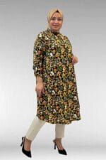 Büyük Beden Hakimyaka Çift Düğmeli Mango Tunik - Desenli Siyah - 68014 - Görsel 4