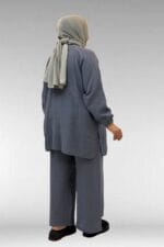 Büyük Beden Yarım Patlı Sıfır Yaka Müslin Pantolonlu Takım - Antrasit - 67039 - Görsel 7