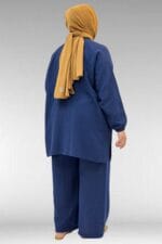 Büyük Beden Yarım Patlı Sıfır Yaka Müslin Pantolonlu Takım - Lacivert - 67039 - Görsel 7