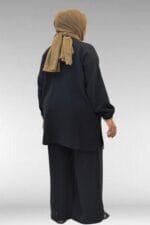 Büyük Beden Yarım Patlı Sıfır Yaka Müslin Pantolonlu Takım - Siyah - 67039 - Görsel 7