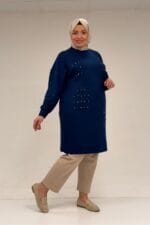 48089 Büyük Beden Beyoğlu Taşlı Modal Tunik - İndigo - Large Moda - Görsel 2