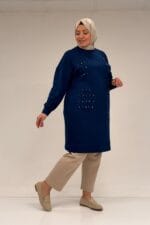 48089 Büyük Beden Beyoğlu Taşlı Modal Tunik - İndigo - Large Moda - Görsel 4
