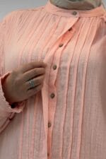 Büyük Beden Boydan Pile Detaylı Müslin Gömlek - Toz Pembe - 68022 - Görsel 5