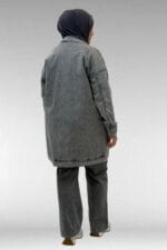 53022 Büyük Beden Yıldız İnci Çakma Detaylı Kot Ceket - Antrasit - Large Moda - Görsel 6
