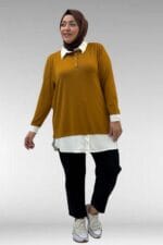 Büyük Beden Kombinli -Manşetli Penye Tunik - Hardal - 68028 - Görsel 3