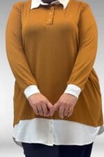 Büyük Beden Kombinli -Manşetli Penye Tunik - Hardal - 68028 - Görsel 2