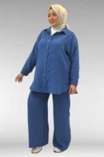 67038 Büyük Beden Erkek Yakalı Müslin Pantolonlu Takım - İndigo - Large Moda - Görsel 3
