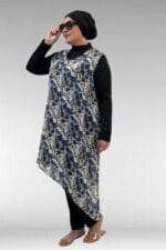 1723 Büyük Beden Uzunkol Şifon Pareolu Tesettür Mayo - Yaprak Desen Mavi - Large Moda - Görsel 4