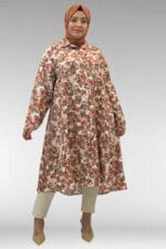 68015 Büyük Beden Mevlana Kesim Mango Gömlek - Çiçek Desenli Kahve - Large Moda - Görsel 3