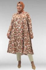 68015 Büyük Beden Mevlana Kesim Mango Gömlek - Çiçek Desenli Kahve - Large Moda - Görsel 6