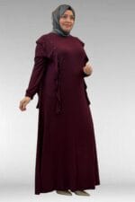 62003 Büyük Beden Omuzdan Aşağı Fırfır Detaylı Penye Elbise - Bordo - Large Moda - Görsel 5