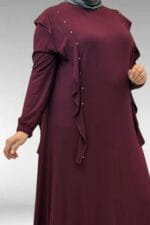 62003 Büyük Beden Omuzdan Aşağı Fırfır Detaylı Penye Elbise - Bordo - Large Moda - Görsel 2