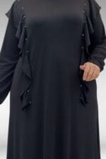 62003 Büyük Beden Omuzdan Aşağı Fırfır Detaylı Penye Elbise - Siyah - Large Moda - Görsel 2