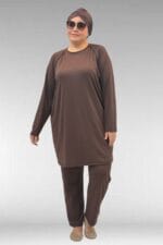 1741 Büyük Beden Kıstırma Biyeli Tesettür Mayo - Kahve - Large Moda - Görsel 4
