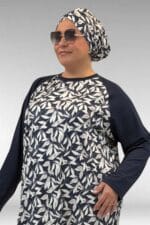 1742 Büyük Beden Uzunkol Tesettür Mayo Takım - Yaprak Desen Ekru - Large Moda - Görsel 2