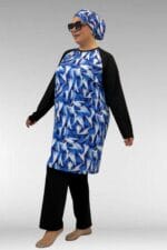 1742 Büyük Beden Uzunkol Tesettür Mayo Takım - Fırça Desen Saks - Large Moda - Görsel 3
