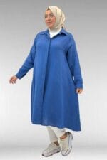 Büyük Beden Mevlana Kesim Müslin Gömlek - İndigo - 58093 - Görsel 4