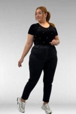 Büyük Beden Beli Lastikli Darpaça Uzun Kot Pantolon - Siyah - 69002 - Görsel 4