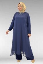 Büyük Beden Sandy-Şifon Takım - Lacivert - 67024 - Görsel 4