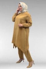 67044 Büyük Beden Asimetrik Kesim Pantolonlu Müslin Takım - Bisküvi - Large Moda - Görsel 5