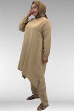 67044 Büyük Beden Asimetrik Kesim Pantolonlu Müslin Takım - Bej - Large Moda - Görsel 5