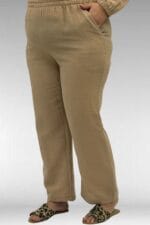 67044 Büyük Beden Asimetrik Kesim Pantolonlu Müslin Takım - Bej - Large Moda - Görsel 6