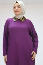 Büyük Beden Kombin Erkek Yakalı Bürümcük Tunik - Mürdüm - 58012 - Görsel 4