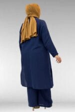 67023 Büyük Beden Önü Pile Detaylı Müslin Pantolonlu Takım - Lacivert - Large Moda - Görsel 5