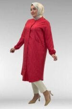 68017 Büyük Beden Hakim Yakalı Kolları Lastikli Tunik - Kırmızı - Large Moda - Görsel 4