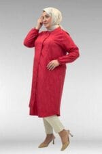 68017 Büyük Beden Hakim Yakalı Kolları Lastikli Tunik - Kırmızı - Large Moda - Görsel 5