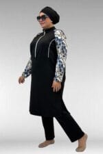1733 Büyük Beden Fermuarlı Tesettür Mayo - Yaprak Desen Mavi-Siyah - Large Moda - Görsel 4